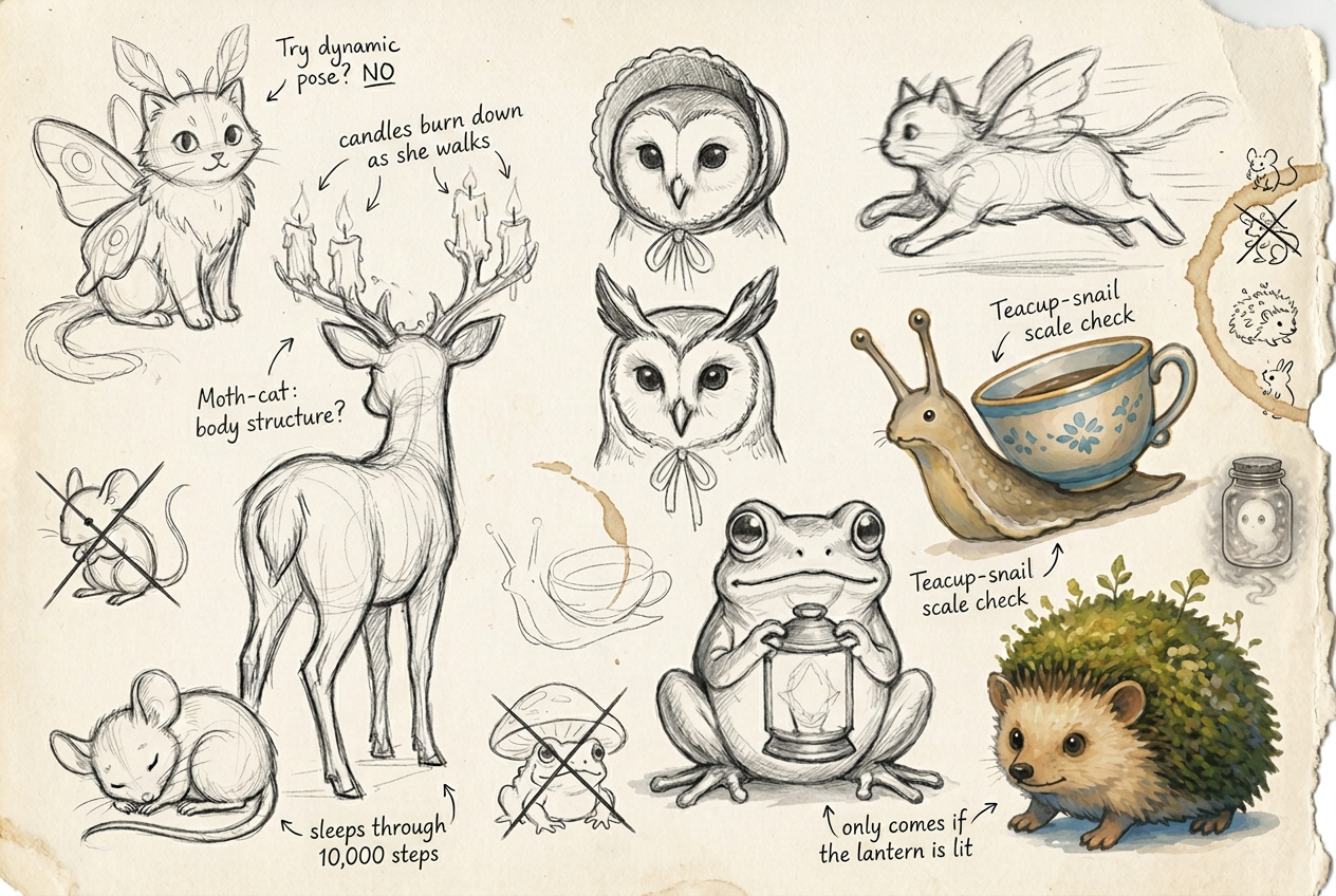 A page from the designer's sketchbook: pencil studies of Witchwalk creatures with handwritten notes