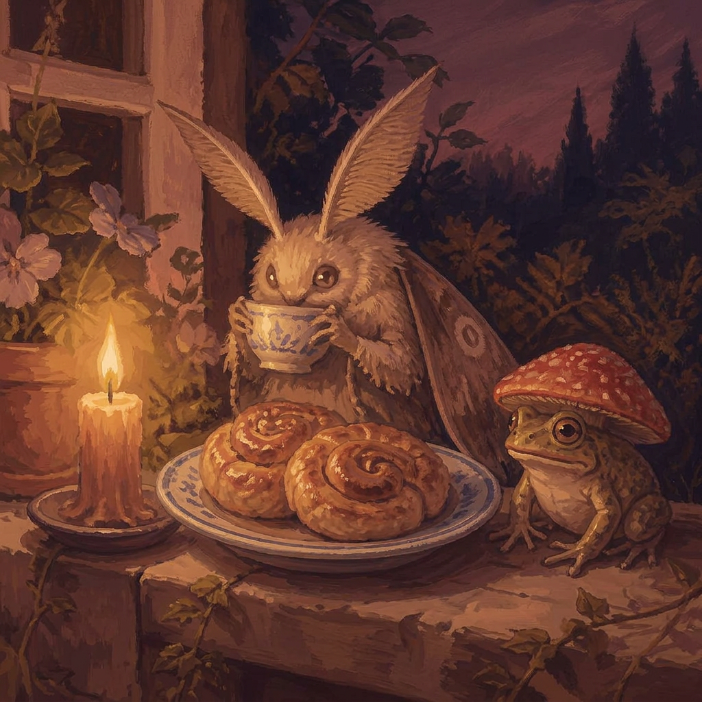 A plate of honey buns and a lit candle on a windowsill, with a moth creature drinking from a teacup and a mushroom-capped toad watching