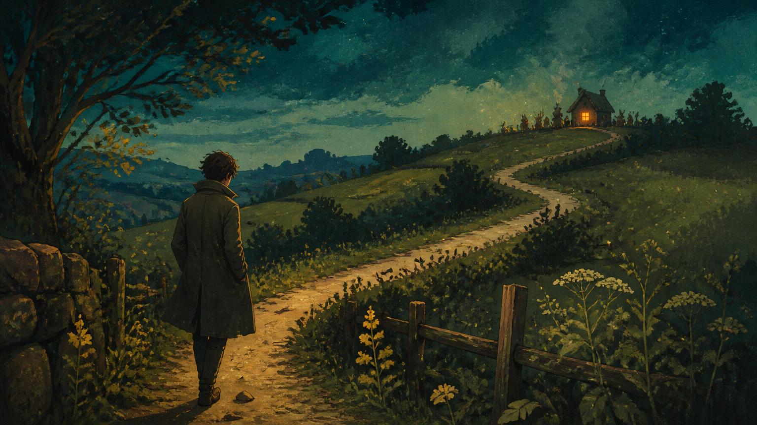 A person walking a country path at dusk while a distant cottage window glows and creatures gather outside it